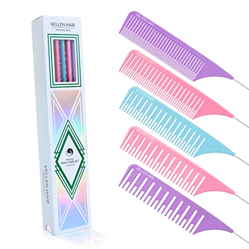 Ultimate Highlight Comb Set, 5 Sizes PEI Material, Heat Resistant Professional Balayage Comb with Extra Long Stainless Steel Needle (Purple)