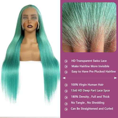 Ubetta Glueless Transparent 13x6 Lace Front Wigs Human Hair Pre Plucked 18 Inch Colored Aquea Blue Wig Human Hair 180% Density HD Straight Lace Front Wigs for Women