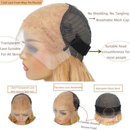 Honey Blonde Wig Human Hair 13x6 Body Wave Hd Lace Front Wigs Human Hair Pre Plucked 27# Colored Blonde Lace Frontal Wig 180% Density Real Hair Wavy Human Lace Front Wigs For Black Women 30Inch