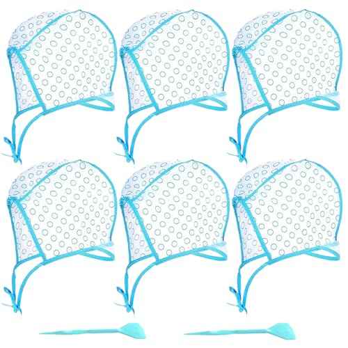 6 Pcs Hair Highlighting Cap, Highlight Caps, Hair Coloring Frosting Dye Kit with 2 Pcs Plastic Hooks for Salon DIY Hair Dyeing Hairdressing (Blue)