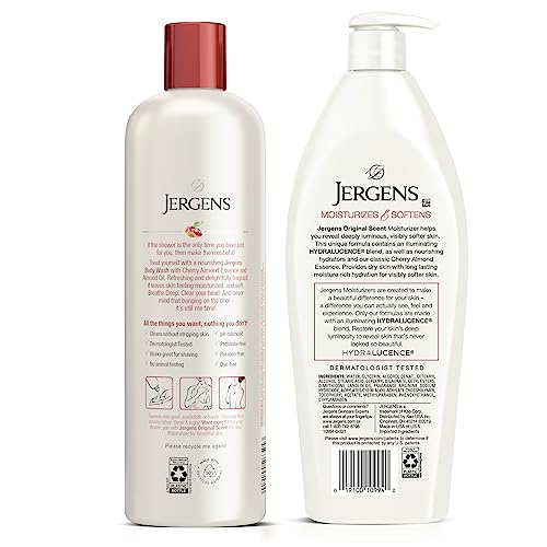 Jergens Original Scent, Cherry Almond, Dry Skin Moisturizer and Softening Body Wash, 2ct Bundle