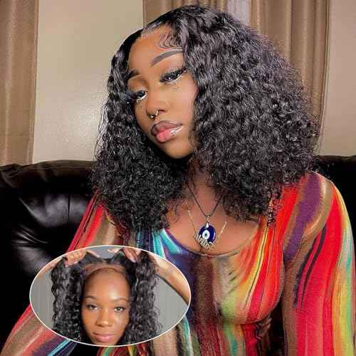Curly BOB Wig Human Hair 200 Density 5x5 HD Lace Closure Deep Wave Wigs for Black Women Glueless Wear and Go Pre Plucked Deep Wave Wet and Wavy Glueless Wigs Human Hair Natural Black 14 Inch