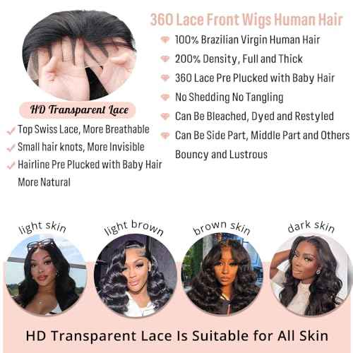 360 Lace Front Wigs Human Hair Body Wave 200% Density 16 Inch Upgraded Hidden Straps 360 HD Full Lace Wigs Human Hair With Drawstring Pre Plucked With Baby Hair for Women Natural Black