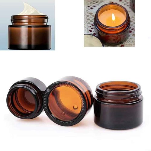 4Pack 50g Amber Glass Cosmetic Jars, Empty Sample Containers with Wood Grain Lids for Lotion, Lip Balm, Eye Cream, Scrubs, Oils, Salves, Ointments (Brown)
