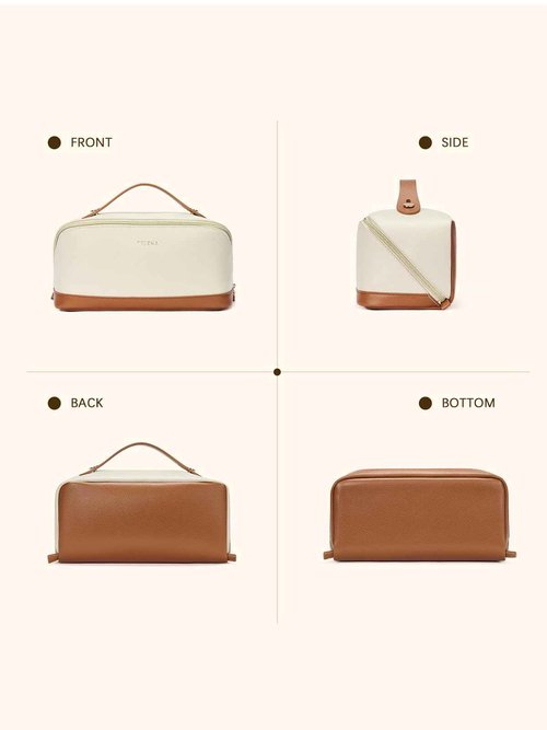 Telena Leather Make Up Bag Portable Travel Makeup Bag Waterproof Cosmetic Bags for Women Large Capacity With Handle and Divider Open Flat