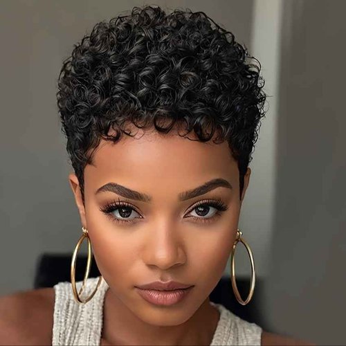 Msviki Short Curly Pixie Cut Wigs with Bangs Human Hair for Black Women Non Lace Full Machine Made Cap Human Hair Pixie Wig Brazilian Virgin Glueless Bob Wig Short Layered Wigs For Women