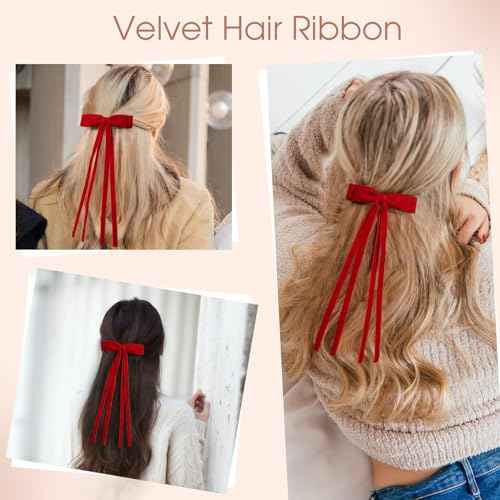 VOBOBE 2PCS Velvet Hair Bows for Women Girls, Tassel Ribbon Bowknot Hair Clips Barrettes for Girl with Small Long Tail Solid Hair Accessories (Red-Velvet)