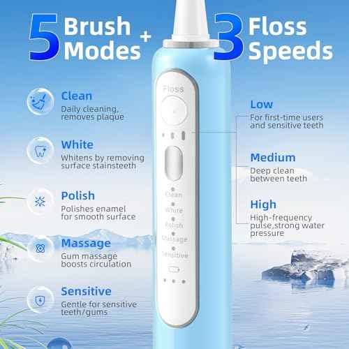 Professional Flossing Electric Toothbrush with Water Flosser, Water Flossers for Teeth 2 in 1 Toothbrush and Water Flosser Combo, Sonic Electric Toothbrush Cordless Flossing Brush (Blue)