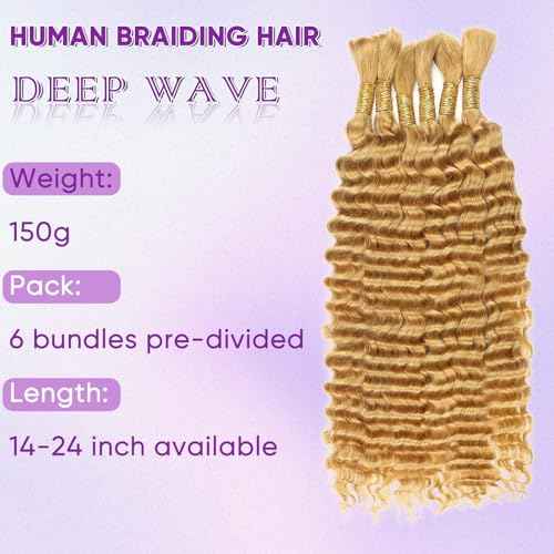 Human Braiding Hair 150g 20 Inch Boho Braids Human Hair Deep Wave Blonde Boho Hair For Braiding 6 Bundles/Pack No Weft Boho Human Braiding Hair Curly 27#