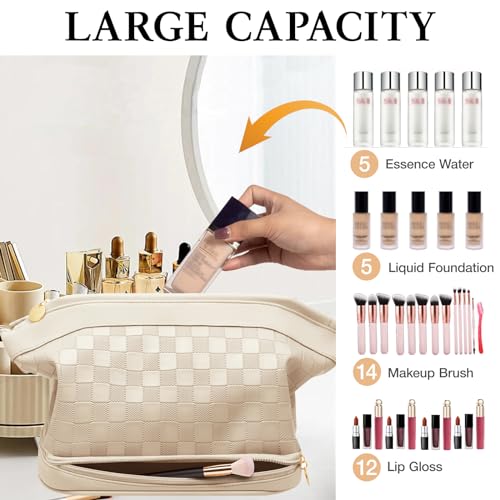 Hairao Large Makeup Bag, Double Layer Makeup Bag Organizer, Toiletry Bag For Women, Cosmetic Travel Bag, Leather Makeup Bag, Portable Toiletry Bag, Waterproof Roomy Bag For Women And Girls