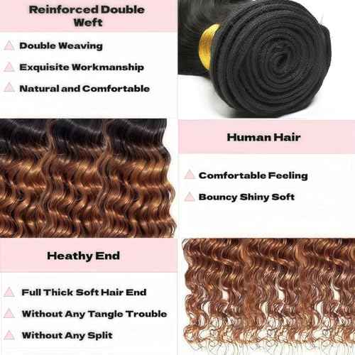 Ombre Brown Bundles Human Hair Deep Wave 10 12 14 Inch Brown Bundles Human Hair 12A Grade Brazilian Virgin Raw Weave 3 Bundles Deep Wave Human Hair Extensions