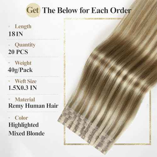 WIGER Seamless Highlighted Honey Blonde Human Hair Extensions No Glue No Gel Insert Human Extensions Balayage Invisible PU Hair Extensions (18 In, 20 Pcs)