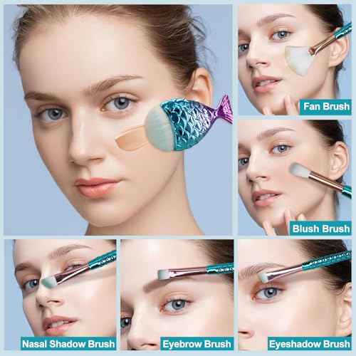 12PCS Makeup Brushes Set with Mermaid Beauty Hair Clip, Mermaid Makeup Brush Cosmetic Brushes Foundation Powder Cream Eyebrow Eyeliner Brow Blending Brush Tool Kids Girls Christmas Makeup Tool set