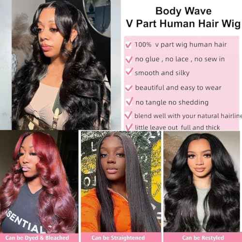 V Part Wig Human Hair Body Wave Upgrade U Part Human Hair Wig Beginner Friendly Clip In V Shape Wigs for Women Natural Black Color 24 Inch