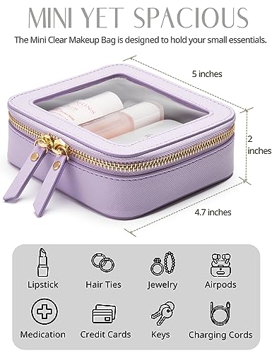 Small Cosmetic Bag for Purse Mini Makeup Bag for School Cute Clear Make Up Pouch for Travel Tiny Leather Purple Make Up Organizer Case for Backpack Toiletry Bag Waterproof Square Pouch with Zipper