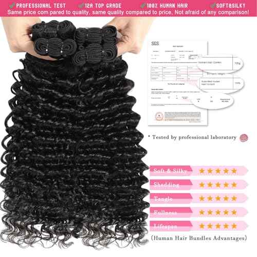 12A Deep Wave Bundles Human Hair 20 22 24 Inches, 100% Unprocessed Indian Human Hair Bundles Wet and Wavy Raw Virgin Hair Curly Weave 3 Bundles Deal (Natural Color, 20 22 24 Inches)