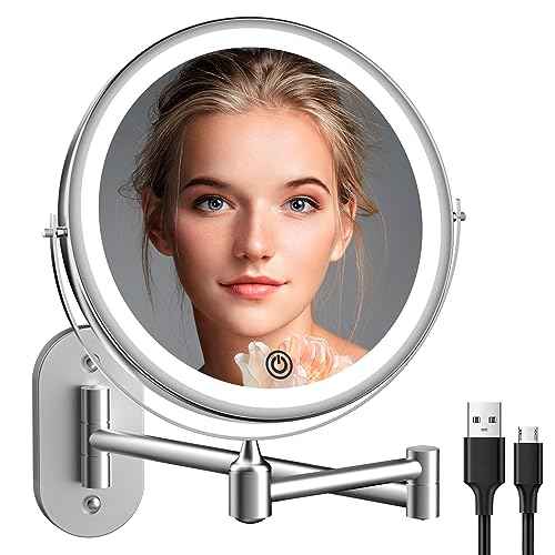 Rechargeable Wall Mounted Lighted Makeup Vanity Mirror 8 inch 1X/10X Magnifying Bathroom Mirror with 3 Color Lights, Double Sided with Dimmable LED Lights, Extended Arm 360¡Æ Swivel Extension Mirror