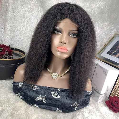 BLISSHAIR Yaki Kinky Straight Wigs Human Hair 13x4 Lace Frontal Wig Bob Wigs Human Hair Pre Plucked Density 100% Unprocessed Brazilian Hair Glueless Wigs for Women Natural Color (16Inch)