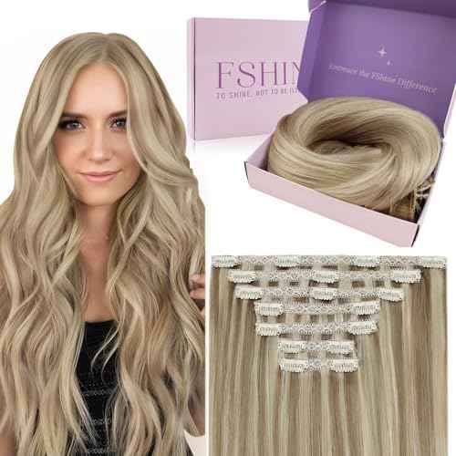 Fshine Clip in Hair Extensions Real Human Hair Ash Blonde Highlighted Golden Blonde Clip in Extensions Lace Double Weft Full Head Long Straight and Soft 18 Inch 120 g 7 pcs