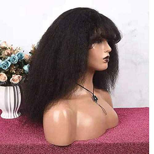 Kinky Blow Out Wig With Bangs Human Hair None Lace Front Wig Glueless Kinky Straight Scalp Top Wig Full Machine Made Brazilian Remy Hair 150% Density Natural Color 14"