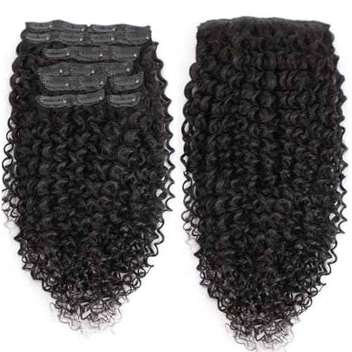 16 Inch Kinky Curly Clip ins Human Hair 110g 8pcs 20 Clips 3C 4A Curly Clip In Hair Extensions Real Human Hair Brazilian Virgin Hair Full Head for Women Natural Black