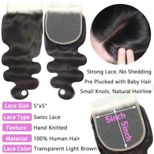 12A Body Wave Human Hair Bundles with Closure (18 20 22+16,Free Part) Closure with 3 Bundles Brazilian Virgin Hair Extensions with Pre Plucked with Baby Hair 5X5 HD Lace Closure Natural Black Color
