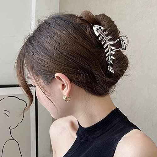 Hair Jaw Claw Clips Fish Bone Shape Large Metal Gold Fashion Nonslip Hairpin Catch Clip Accessories for Thick/Thin Hair HairStyling (Sliver)