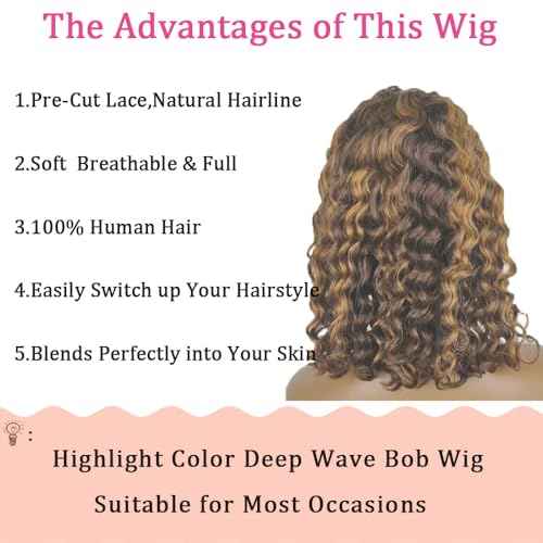 2/30 Highlight Bob Wig Human Hair 4x4 Wear and Go Glueless Wigs Pre Cut Lace 180% Density Deep Wave Human Hair Wigs for Black Women Beginner Friendly Highlight (Glueless Bob Wig, 8inch)
