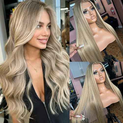 Highlight 13x4 HD Lace Front Wig Human Hair 22 Inch Balayage Ash Brown to Beige Blonde to Platinum Blonde Human Hair Lace Frontal Wig for White Women Glueless Wigs 180% Density Colored Remy Hair Wigs
