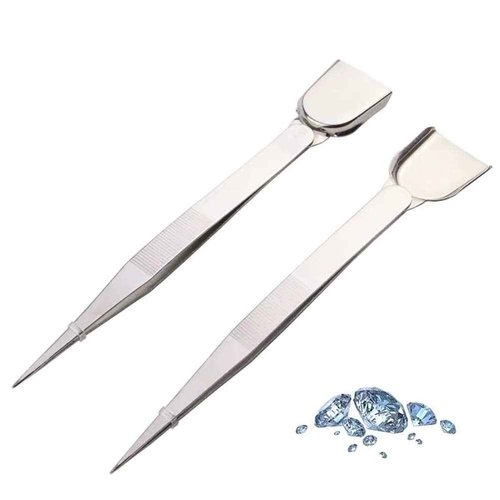 2 Pcs Stainless Steel Handy Tweezer with Scoop Diamond Tweezer for Rhinestone Gems Crystals Beads