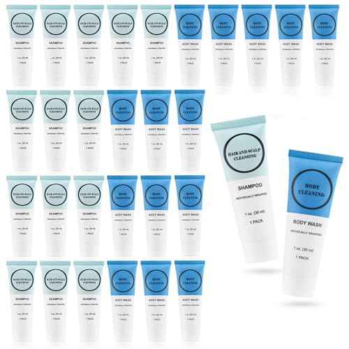Travel Size Shampoo and Body Wash Bulk, Individually Wrapped Hotel Mini Shower Gel and Small Men Women Cleansing Toiletries Amenities for Hotel/Vacation/Homeless 1 oz (3.7inch, Count, 60)