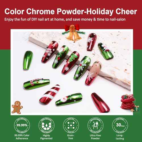 Upgraded Red Green Chrome Nail Powder BISHENGYF: ¡¼NO.1 Super Christmas Effect¡½Christmas Red Chrome Nail Powder Holographic Mirror Metallic Effect Green Chrome Powder for Nail Art DIY