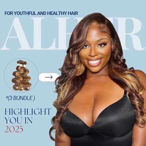 ALHER Body Wave Ombre Human Hair Bundles Honey Blonde Highlight Brown Colored Bundles 12A 100% Brazilian Virgin Remy Human Hair Soft Thick Wavy Weave P4/27 Highlight Piano Color 14 16 18 Inch