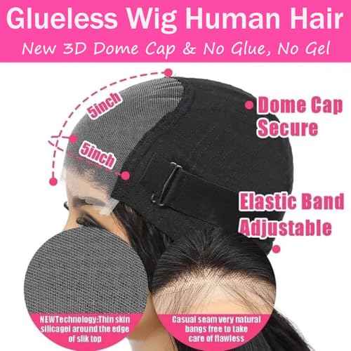VRBest 5x5 HD Lace Closure Glueless Wigs Human Hair Pre Plucked Brazilian Virgin Body Wave Lace Front Wigs Human Hair 180% Density Closure Wig with Elastic Band (5x5 Natural Black, 22 inch)
