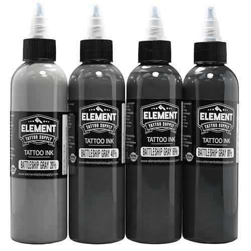 Element Tattoo Supply Battleship Gray Tattoo Ink Set 2oz - 4 Shades of Grey, Light, Medium, Medium Dark & Dark Tones, Professional Grade Tattoo Inks for Mixing & Blending, Bottle (4 Pack)