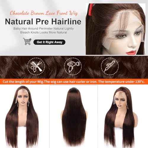 22 Inch Chocolate Brown Lace Front Wig Human Hair 200% Density Brown Straight Lace Front Wigs Human Hair Pre Plucked with Baby Hair 13x6 Colored Frontal Wigs Human Hair 4# Brown Human Hair Wig