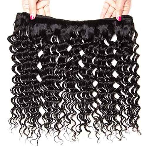 FQ Brazilian Deep Wave Bundles with Closure Deep Curly Weave Human Hair Bundles with Lace Closure Unprocessed Virgin Hair Weft Bundles and 4x4x1 Closure(12 14 16+10, 70g/bundle)