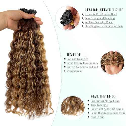 I Tip Water Wave Microlink Human Hair Extensions, Balayage Chocolate Brown Ombre Honey Blonde Micro Beads Pre Bonded Keratin Stick Tipped Hair Extensions 50 Strands 50g 24" Wet and Wavy Hair