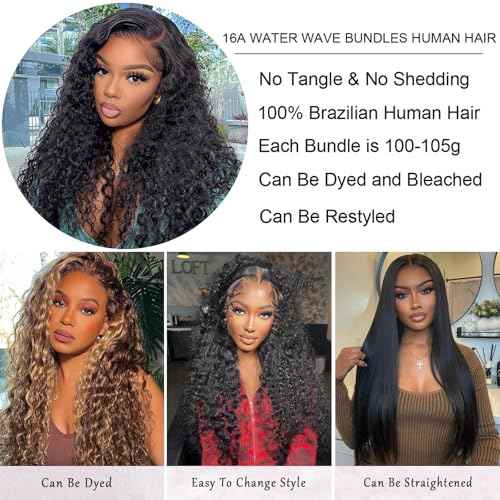 Beauty Queen 16A Raw Hair Water Wave Bundles 14 16 18 Inch 3 Bundles 100% Unprocessed Brazilian Virgin Hair Bundles Quick Weaves Water Curly Hair Extensions Natural Black