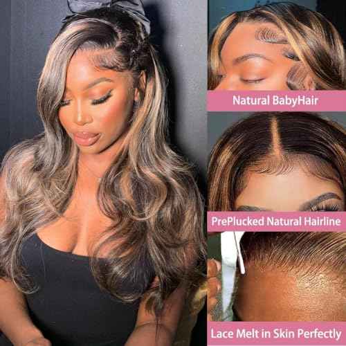 Highlight Ombre Lace Front Wig Human Hair Body Wave Lace Front Wigs Human Hair Pre Plucked 13x6 1B/30 HD Lace Frontal Highlight Wig 26 Inch Colored Balayage Wig 180 Density Glueless Wig for Women