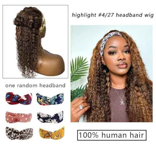 Ombre Headband Wig Human Hair Deep Wave 4/27 Highlight Curly Human Hair Wigs for Black Women Glueless None Lace Front Brazilian Virgin Hair Wear and Go 24 Inch