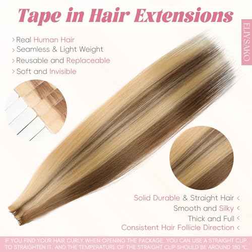 Eliysko Undetectable Invisible Tape Hair Human Hair Extensions Seamless Blending 100% Remy Hair #613/18 Brown Light Brown Mix Blonde 18inch 50G/20s Invisible Tape in Hair Extensions Tape in Extension