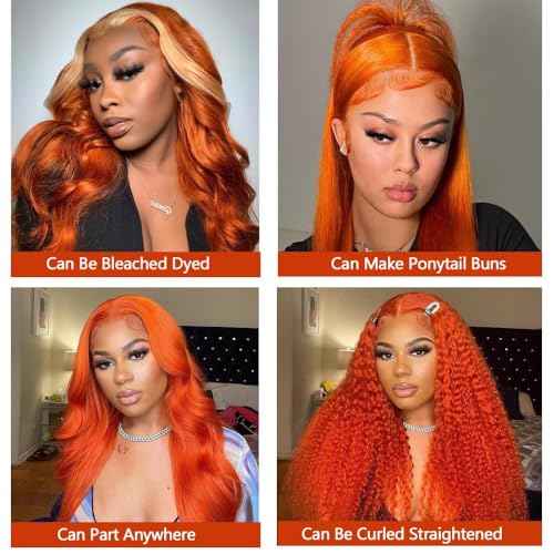 Ginger Wigs Human Hair Body Wave Lace Front Human Hair Wig Pre Plucked 13x6 HD Lace Front Wigs 350# Ginger Orange Colored Lace Frontal Wig Glueless 24 Inch