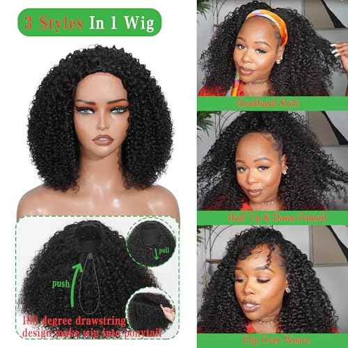 ZIYU Half Wig Human Hair - 200% Density 3 In 1 Seamless Flip Over Curly Half Wig Human Hair 14 inch Glueless Wear Go Beginner Friendly Kinky Curly Wig Drawstring Headband Wig for Women