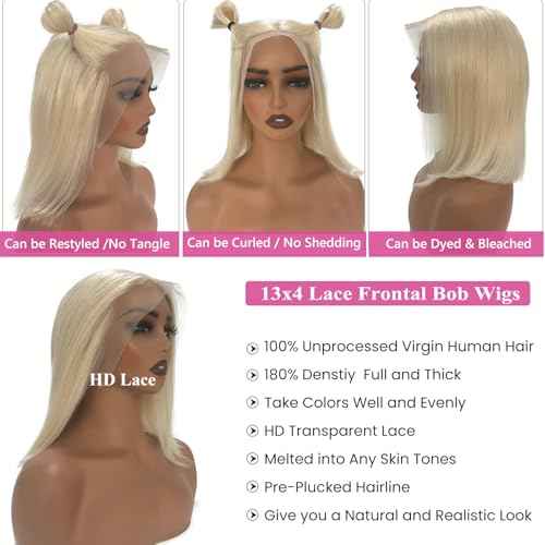 Ubetta White Blonde Lace Front Bob Wig Human Hair, Platinum Blonde 13x6 Lace Front Wigs Human Hair Pre Plucked White Blond Bob Wigs for Women 14 Inch 180% Density Bleachd Knots Swiss HD Lace