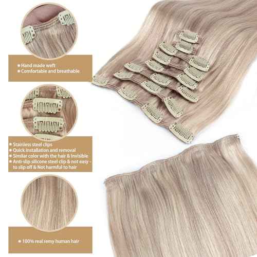 ABH AMAZINGBEAUTY HAIR Clip in Human Hair Extensions 20 Inch 8pcs/120g Ash Blonde Highlights Golden Blonde Real Hair Extensions Double Weft