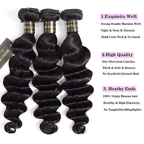 Peruvian Loose Deep Wave Bundles with Closure, (14"16''18"+12Closure)8A Peruvian Virgin Hair Loose Deep Hair Bundles with 4X4 Free Part Top French Lace Closure Natural Black