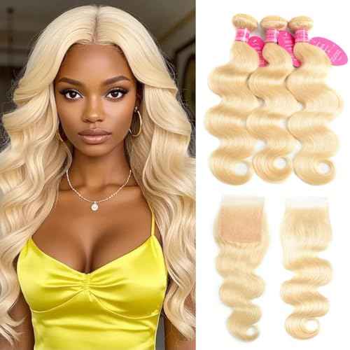 613 Human Hair Body Wave Blonde Bundles with Closure (12 14 16 +10 Inch) 100% Unprocessed 12A Grade Brazilian Virgin Hair Extensions bundles with 4 X 4 Lace front Free Part for Women