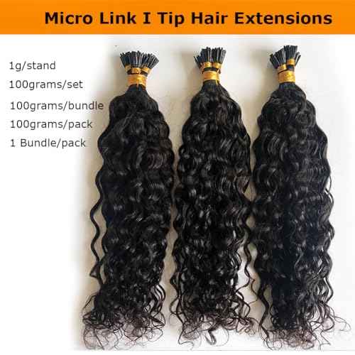 Water Wave I Tip Human Hair Extension Pre Bonded Microlink Wet & Wavy Micro Beads Keratin Stick I Tip Hair For Women 26inch 100Strands 100g, Natural Black 1b