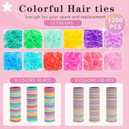 Hair Accessories for Girls, 1350P Colorful Hair Ties with 44P Hair Clips, Glitter Butterfly Hair Clips, Hair Wax Stick, Butterfly Hair Claws, Hair Barrettes with Comb Set&Organizer Box, Christmas Gift
